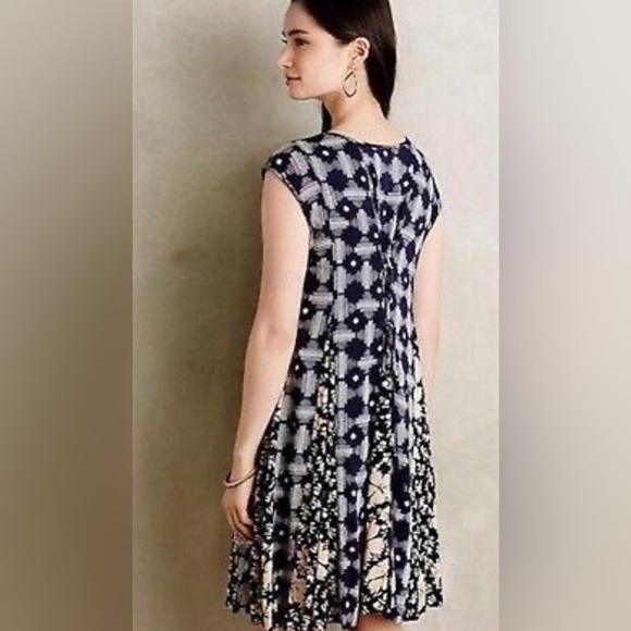 ANTHROPOLOGIE Maeve Indiga Swing Floral Dress Tasseled Back Lace Up Navy Size S - Picture 3 of 15